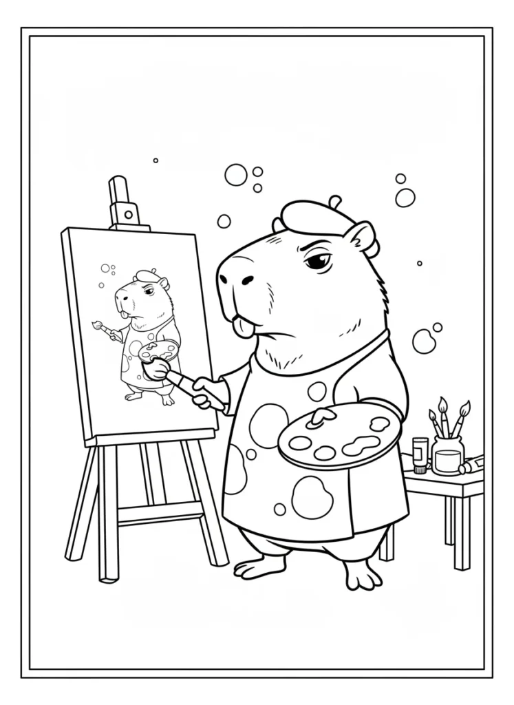 Cartoon capybara painting a giant canvas in an art class coloring page