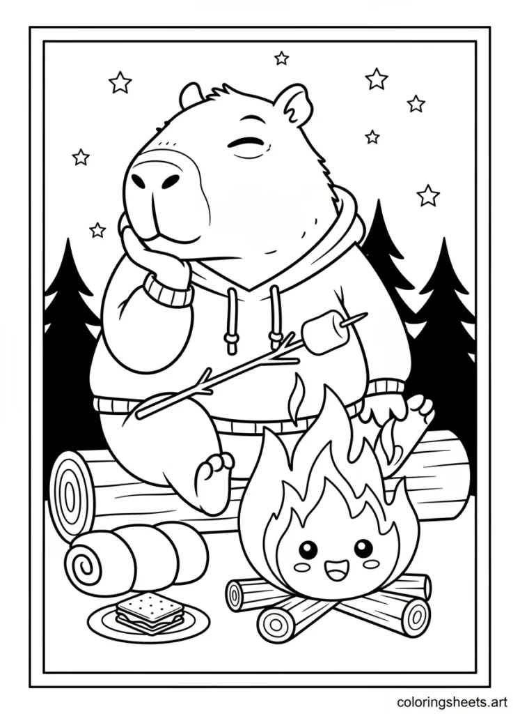 Cartoon capybara roasting marshmallows at a big campfire coloring page