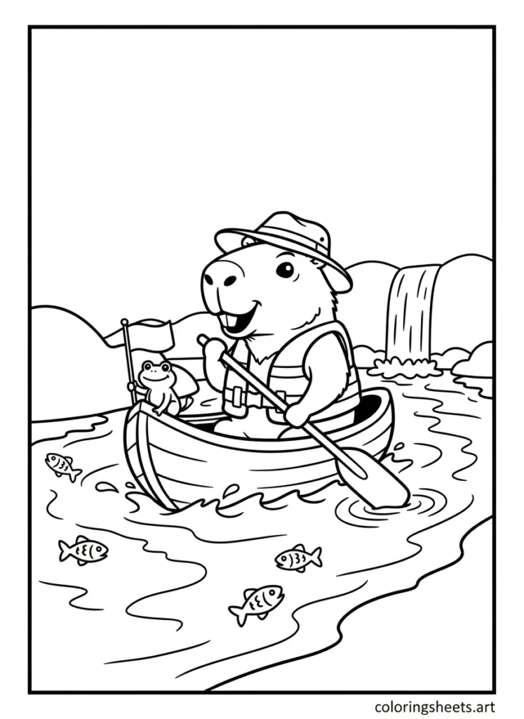 Cartoon capybara paddling a canoe down a fun river coloring page