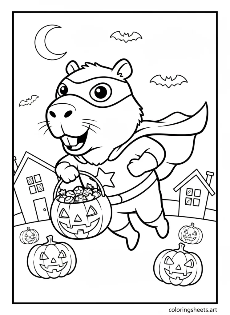 Cartoon capybara trick-or-treating in a superhero costume on Halloween coloring page