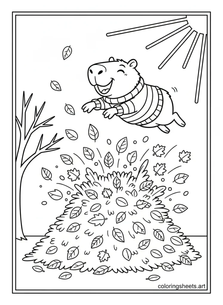 Cartoon capybara jumping into a huge leaf pile on a fall day coloring page