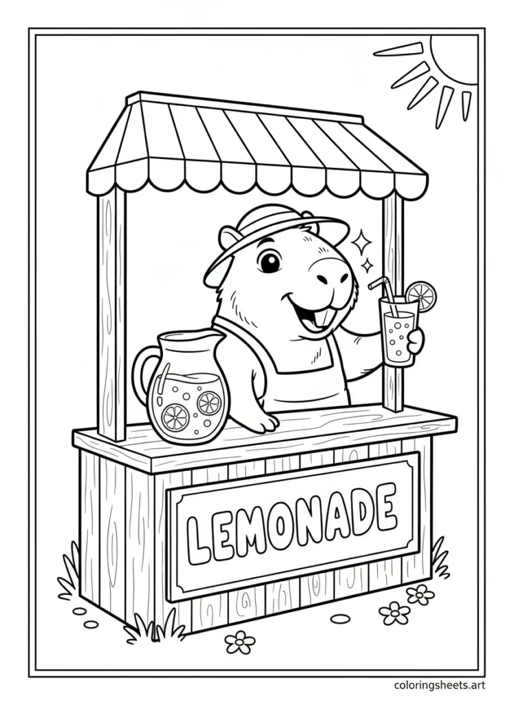 Cartoon capybara running a lemonade stand on a sunny summer day coloring page