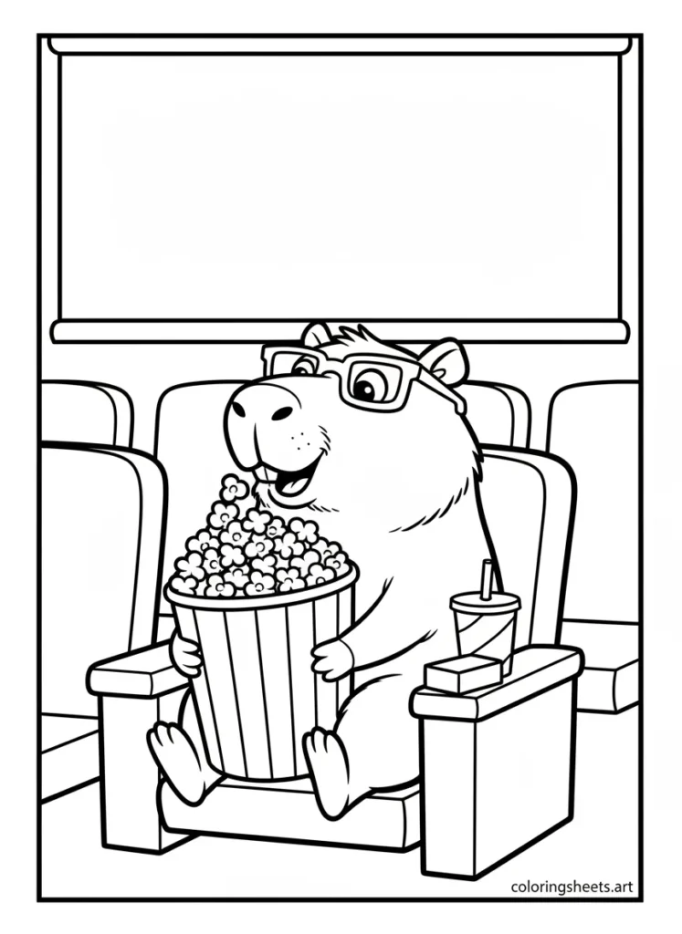 Cartoon capybara at the movie theater eating a giant popcorn bucket coloring page