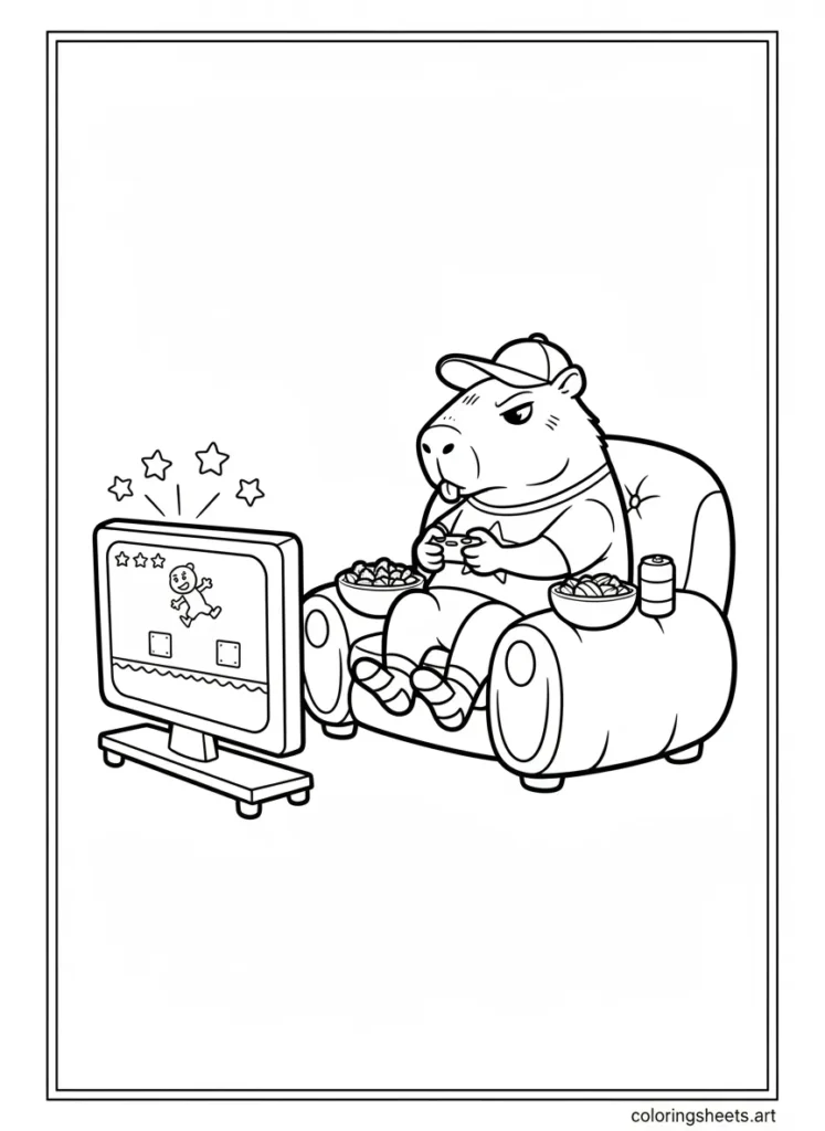 Cartoon capybara playing video games on a big couch coloring page