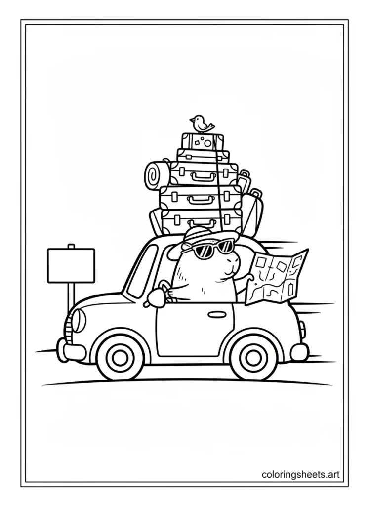 Cartoon capybara on a road trip in a fun car loaded with luggage coloring page