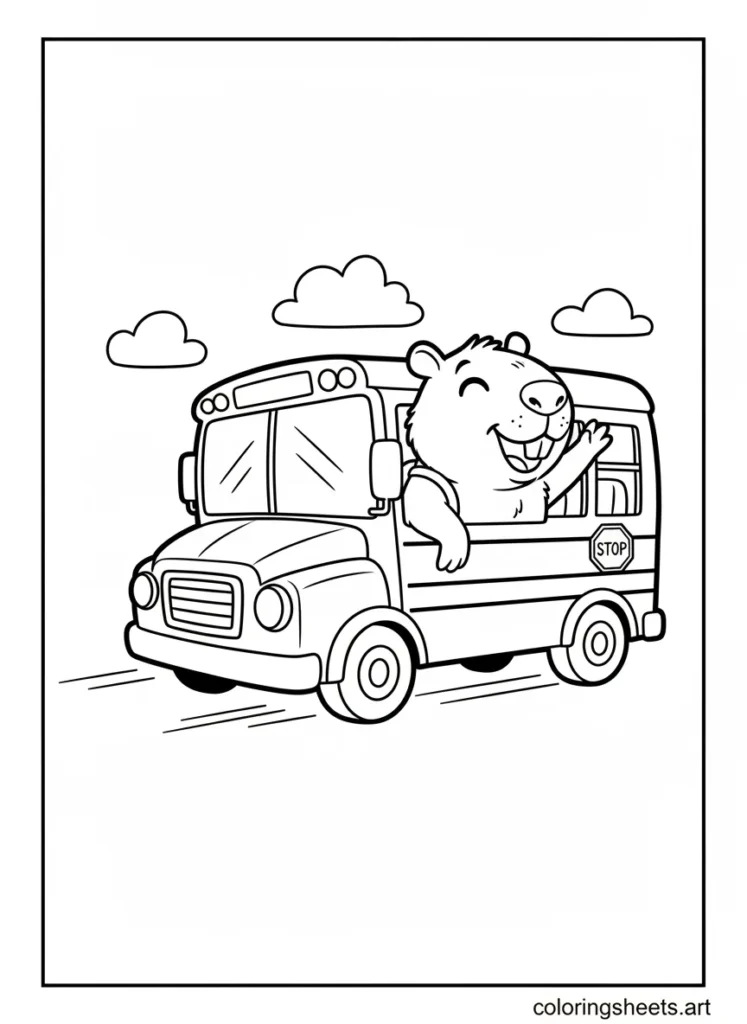 Cartoon capybara riding a yellow school bus waving from the window coloring page