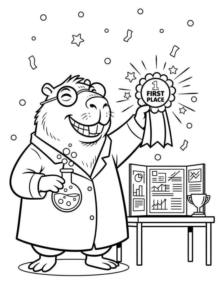 Cartoon capybara winning first place at a school science fair coloring page