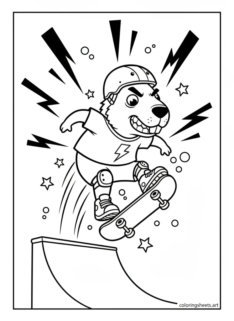 Cartoon capybara doing a cool trick on a skateboard ramp coloring page