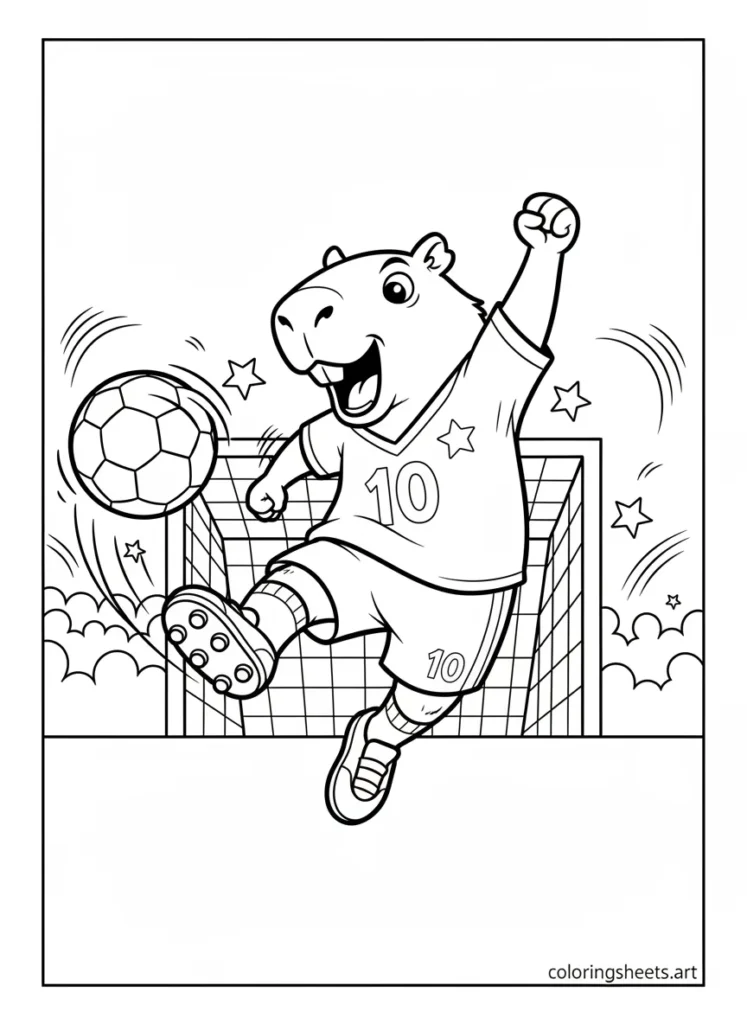 Cartoon capybara playing soccer and scoring an awesome goal coloring page
