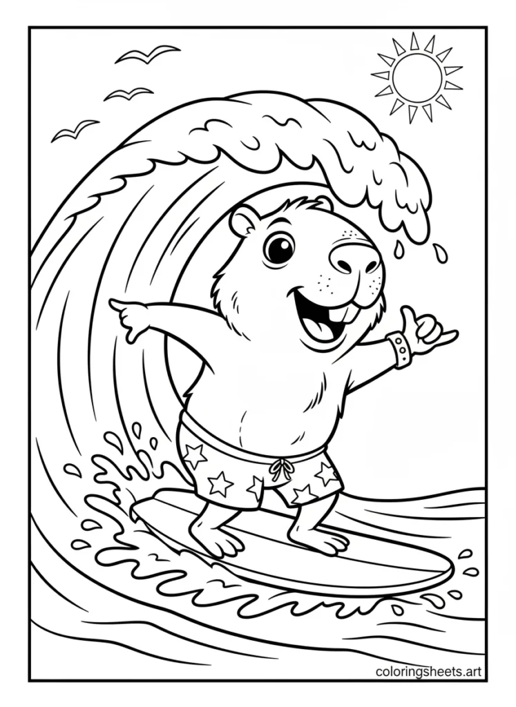 Cartoon capybara surfing a giant wave at the beach coloring page