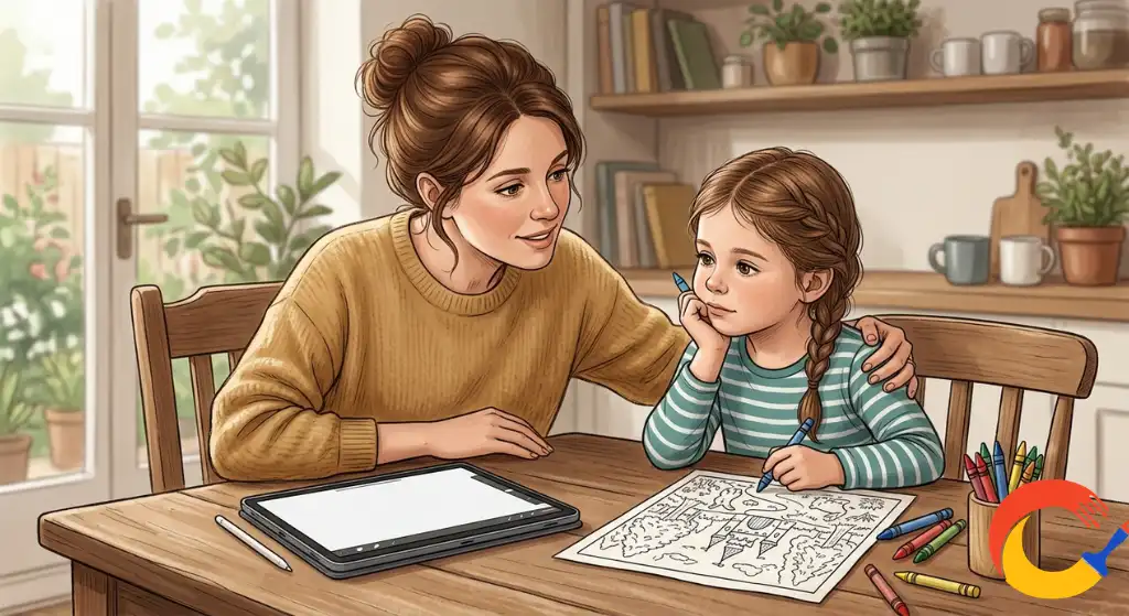 A parent and child deciding between a tablet and a printed coloring page