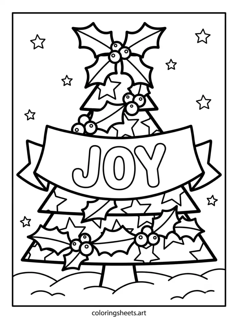Christmas tree coloring page for kids featuring a holly wreath spiral pattern with a JOY bubble word banner