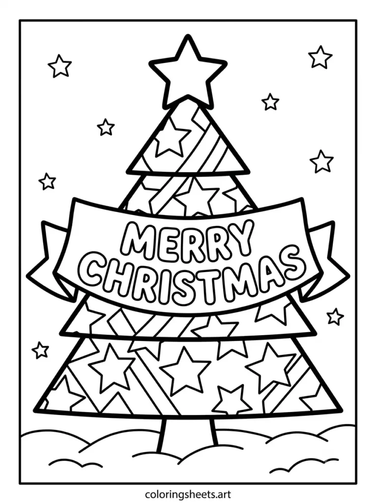 Christmas tree coloring pages for adults featuring a geometric star stripe pattern with a MERRY CHRISTMAS bubble word banner