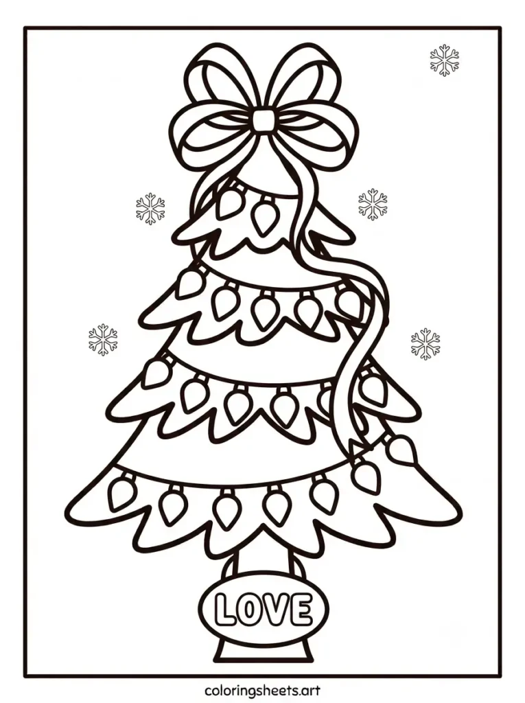 Christmas tree coloring pages for adults featuring a giant bow topper and a LOVE bubble word tag