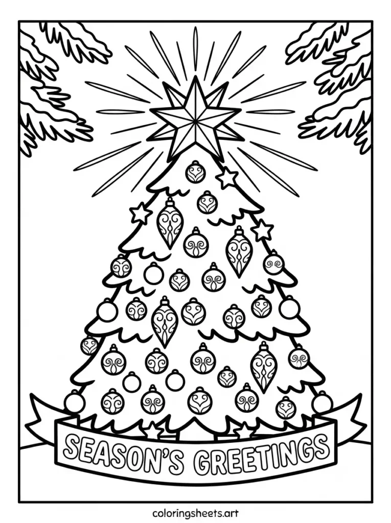 Christmas tree coloring pages for adults featuring a sparkling topper tree with a SEASON'S GREETINGS bubble word banner