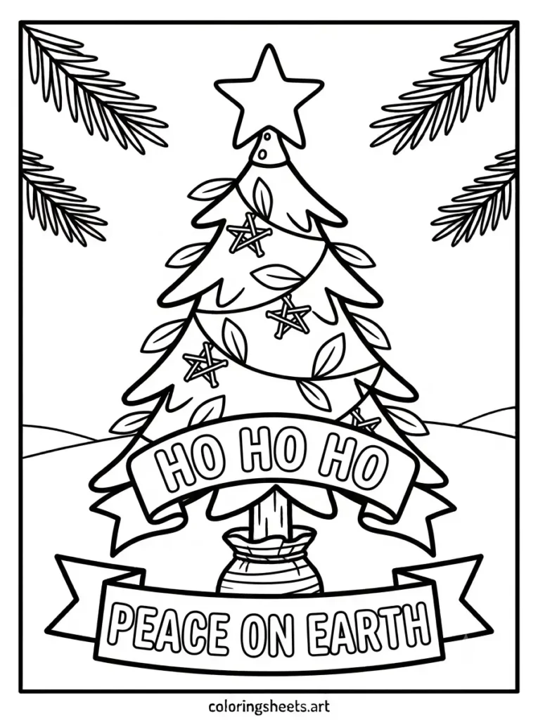 Christmas tree coloring pages for kids featuring a woodland star tree with a HO HO HO bubble word banner