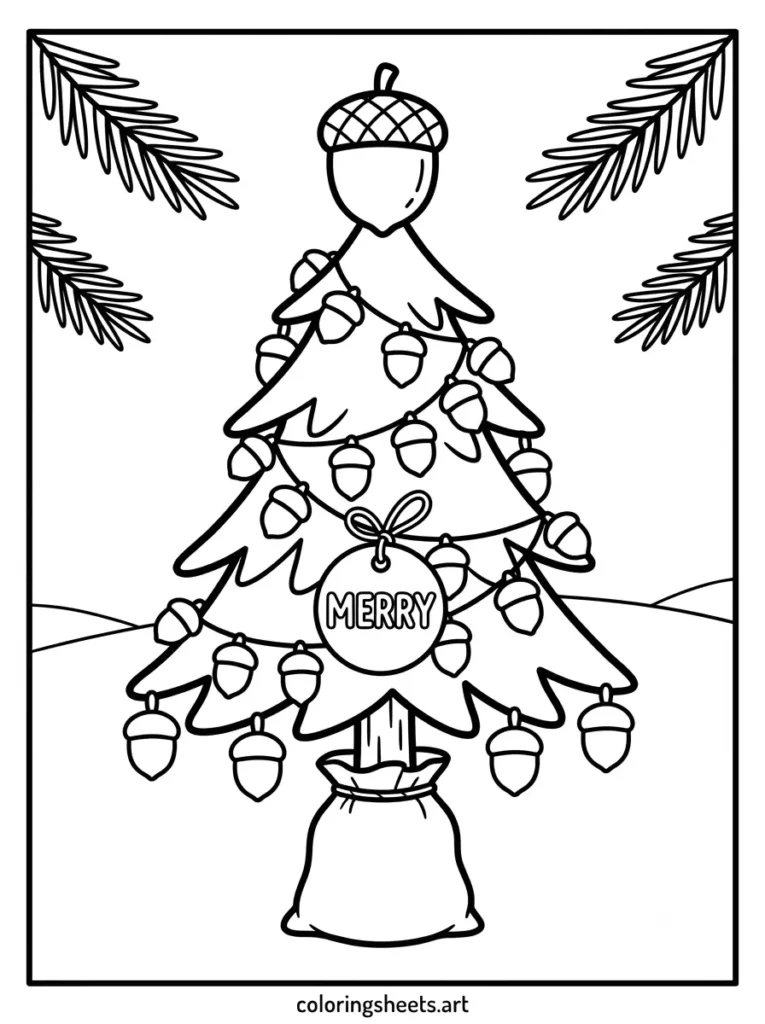 Christmas tree coloring sheets for kids featuring acorn shaped ornaments with a MERRY bubble word tag