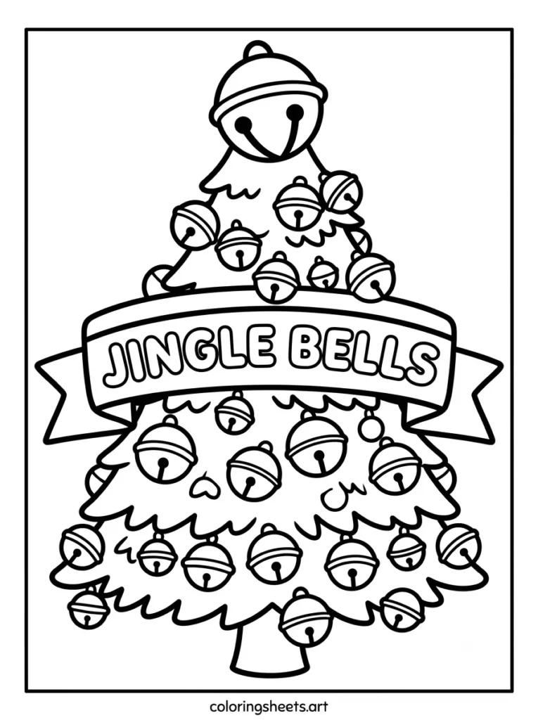 Christmas tree coloring sheets for kids featuring a bell covered tree with a JINGLE BELLS bubble word banner