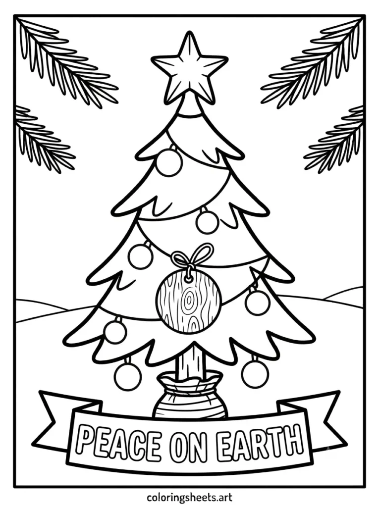 Christmas tree coloring sheets for adults featuring a birch bark trunk tree with a PEACE ON EARTH bubble word banner