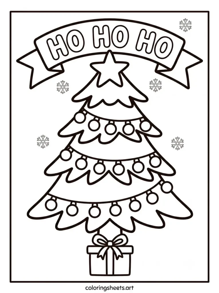 Christmas tree coloring sheets for kids featuring string lights and a HO HO HO bubble word banner