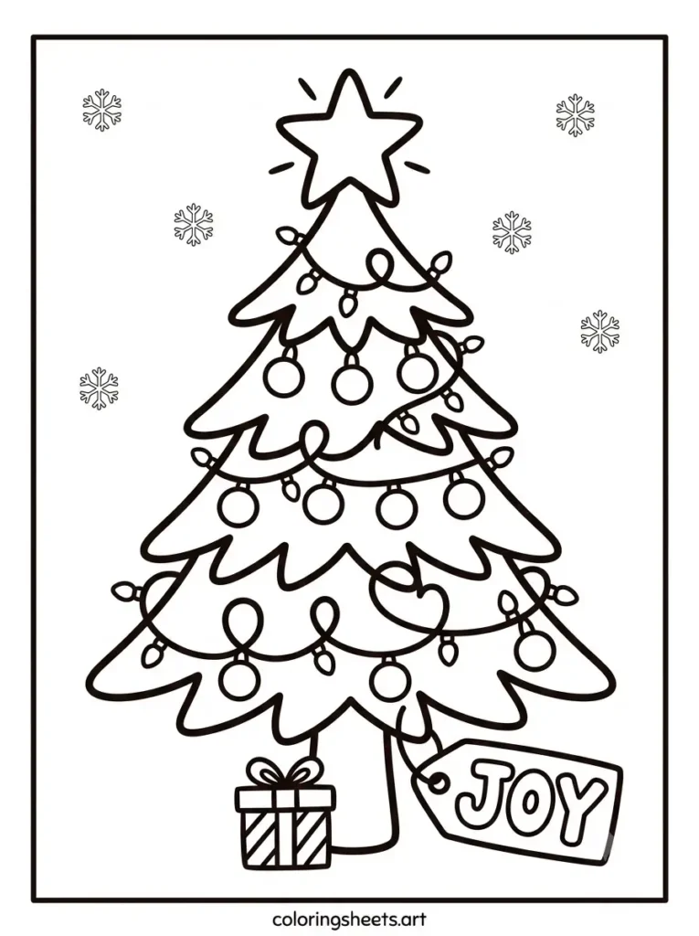 Christmas tree coloring sheets for kids featuring a star topper tree with a JOY bubble word tag