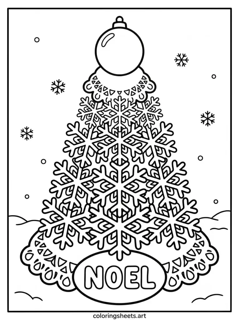 Christmas tree coloring sheets for adults featuring a lace doily pattern tree with a NOEL bubble word tag