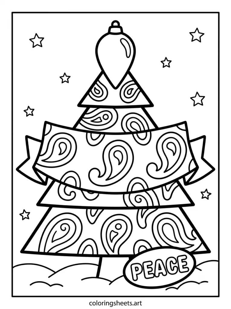 Christmas tree coloring sheets for adults featuring a paisley swirl pattern tree with a PEACE bubble word tag