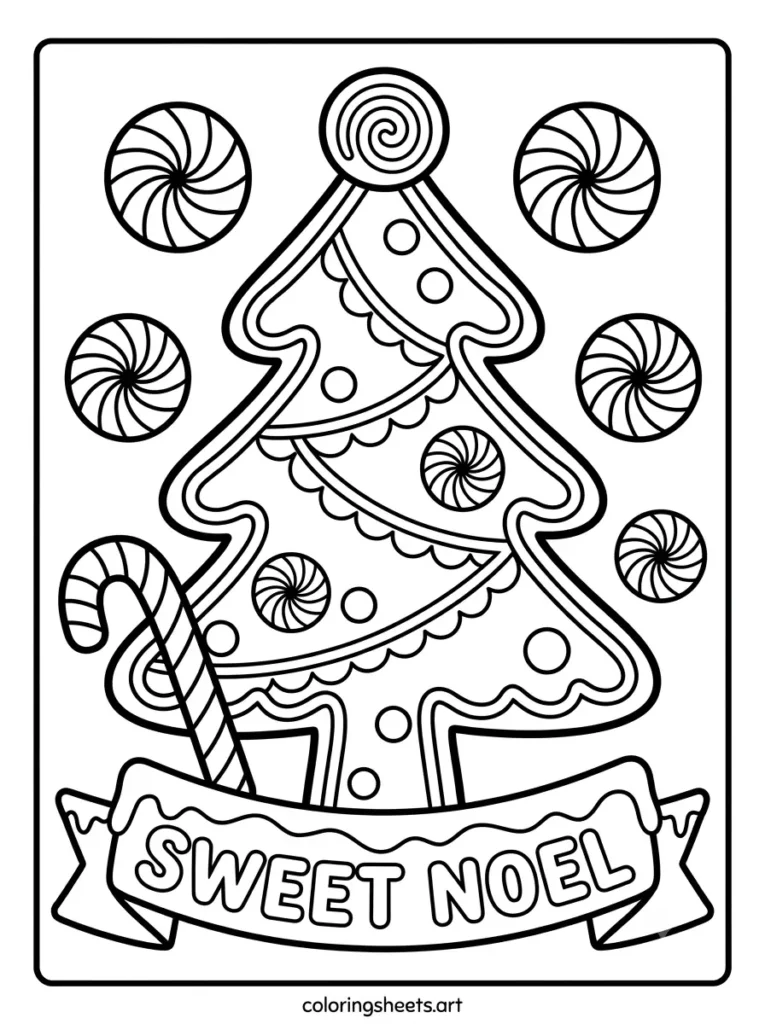 Christmas tree coloring sheets for kids featuring a peppermint swirl tree with a SWEET NOEL bubble word tag