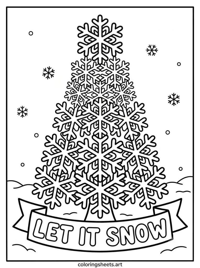 Christmas tree coloring sheets for adults featuring a snowflake mandala tree with a LET IT SNOW bubble word banner