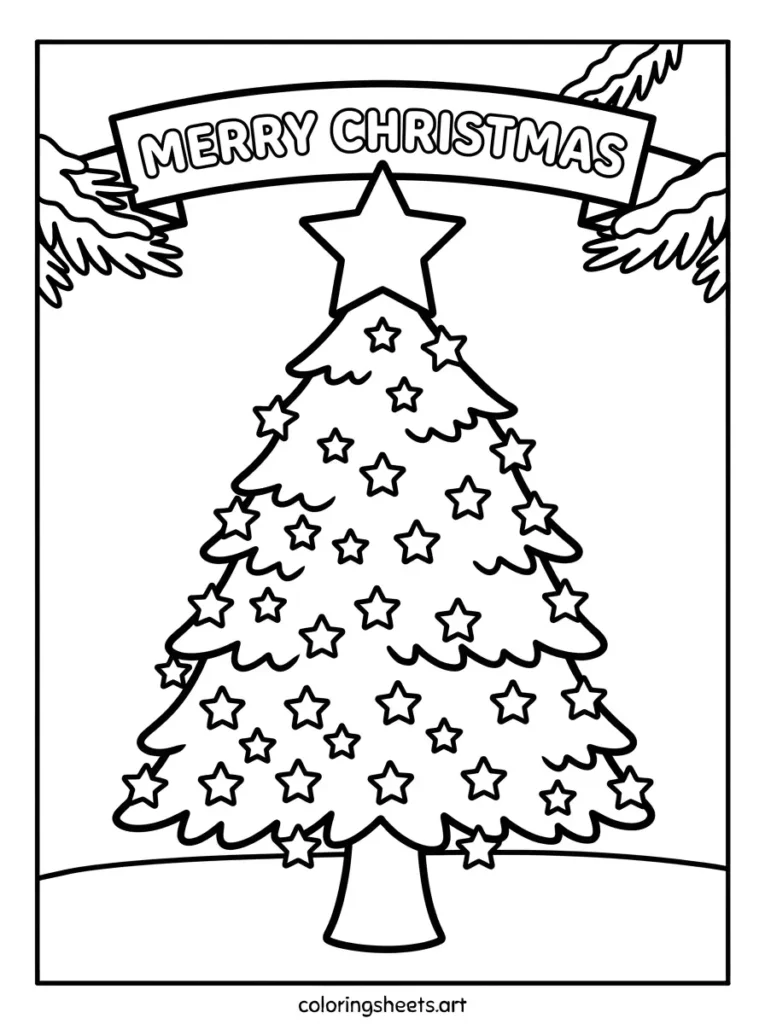 Christmas tree coloring sheets for kids featuring a star covered tree with a MERRY CHRISTMAS bubble word banner