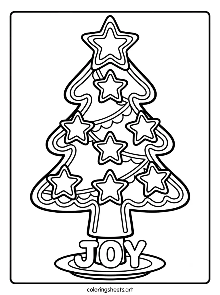 Christmas tree coloring sheets for kids featuring sugar cookie star ornaments and a JOY bubble word