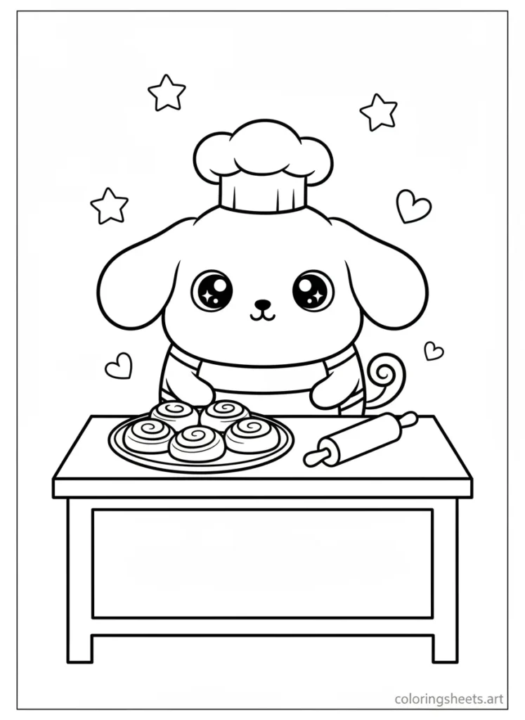 Cinnamoroll baking cinnamon rolls in the kitchen coloring page