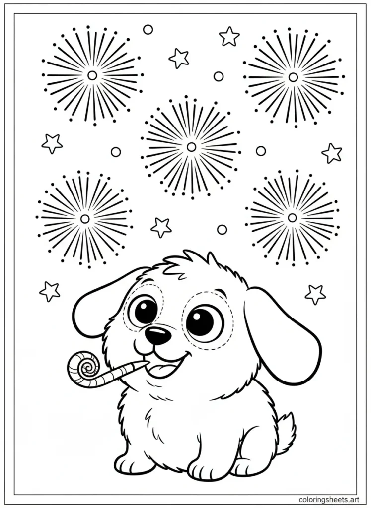Cinnamoroll celebrating New Year with fireworks coloring page