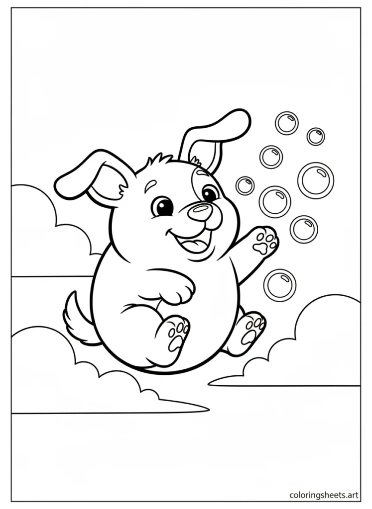 Cinnamoroll chasing soap bubbles in the blue sky coloring page
