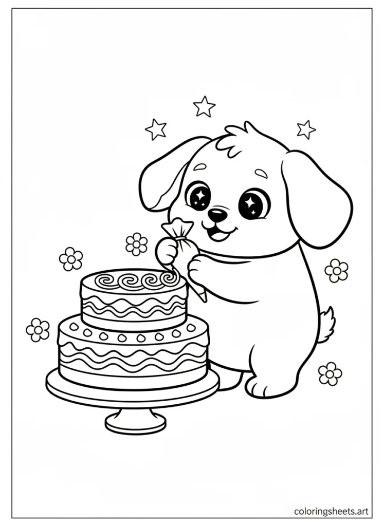 Cinnamoroll decorating a big layered cake coloring page