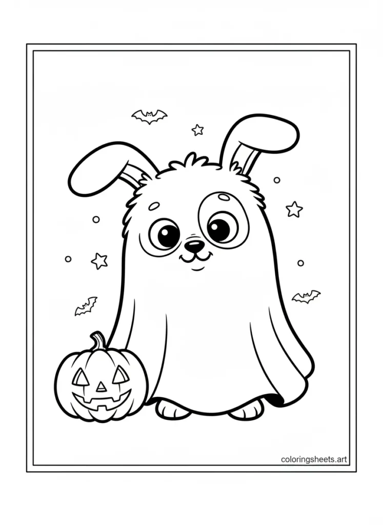 Cinnamoroll dressed as a cute ghost for Halloween coloring page