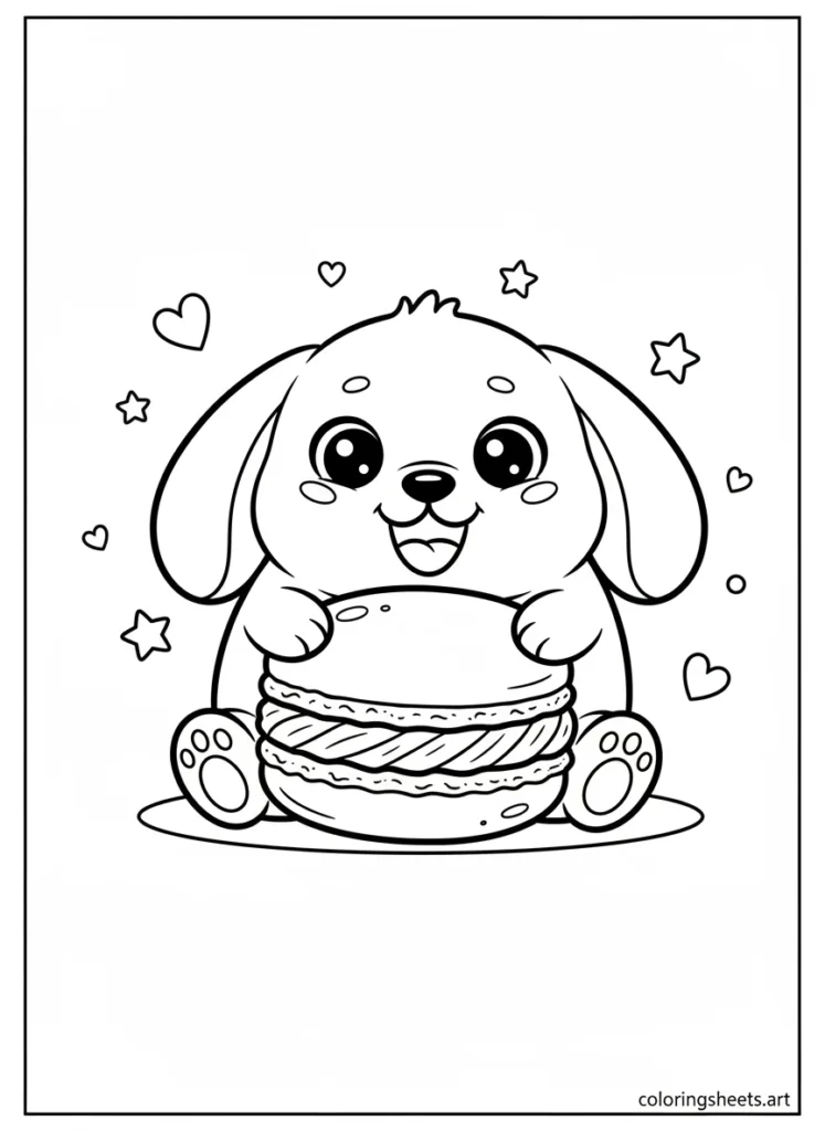 Cinnamoroll hugging a giant macaron coloring page for kids