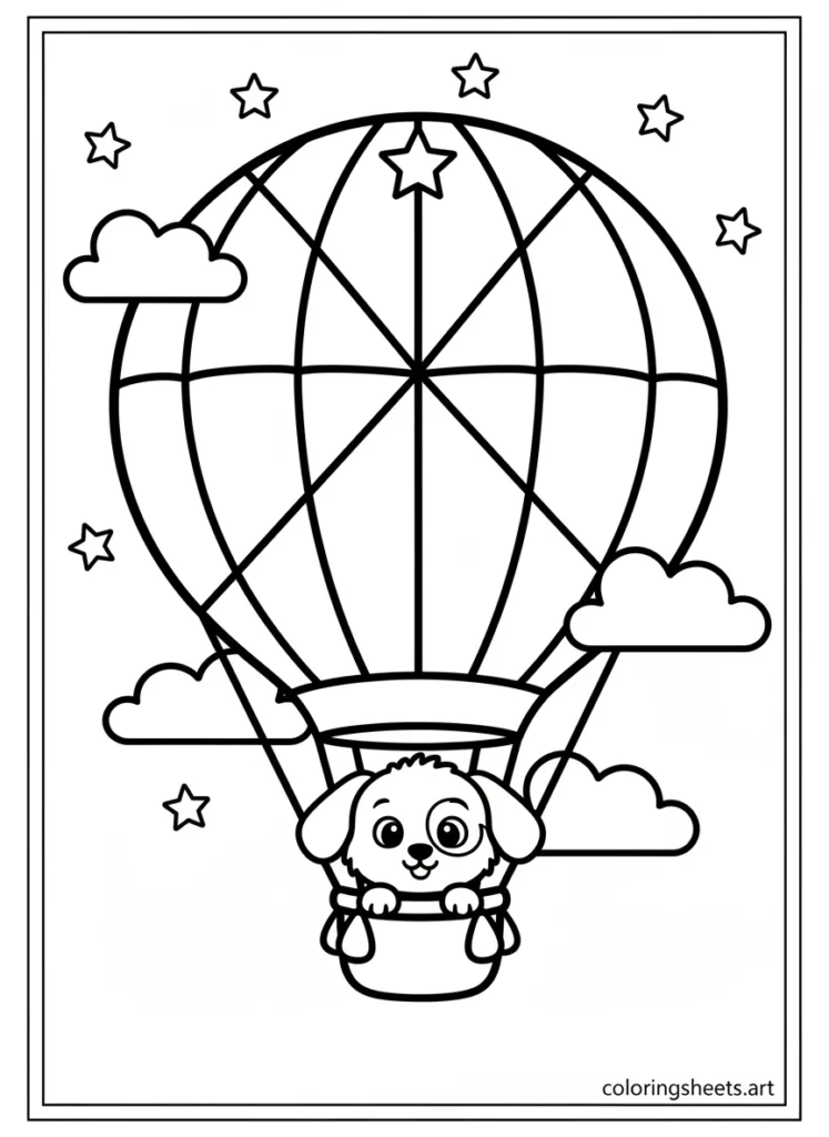 Cinnamoroll floating in a sweet hot air balloon coloring page