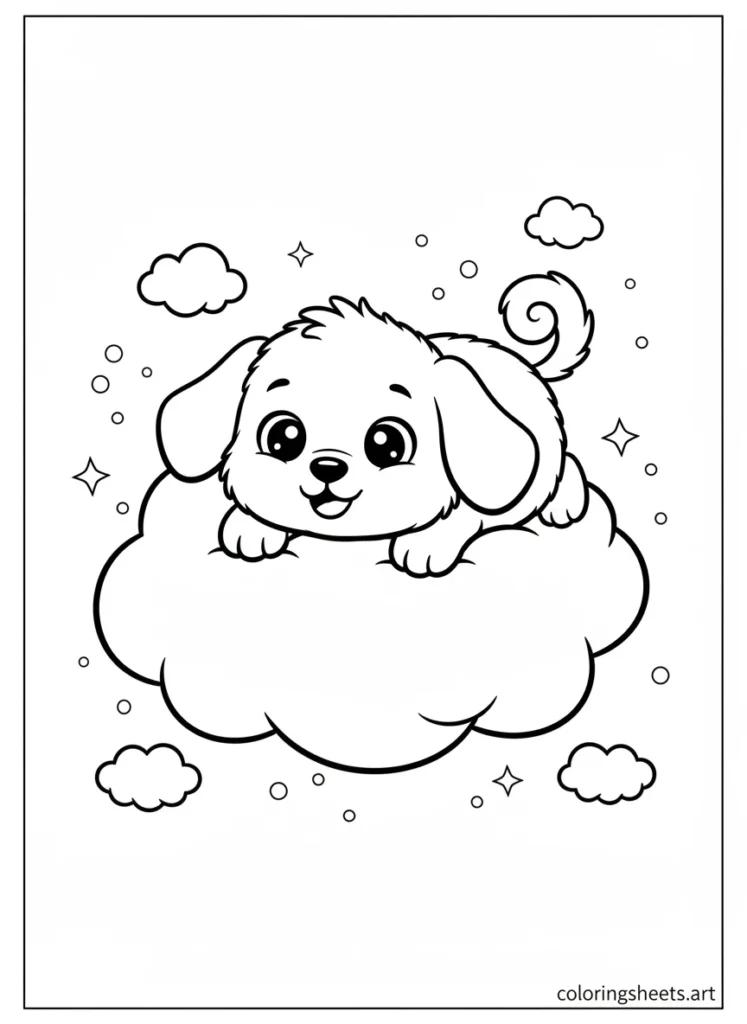 Cinnamoroll floating happily on a big fluffy cloud coloring page