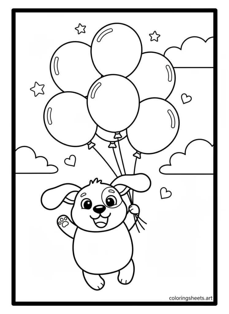 Cinnamoroll flying through the sky with pastel balloons coloring page