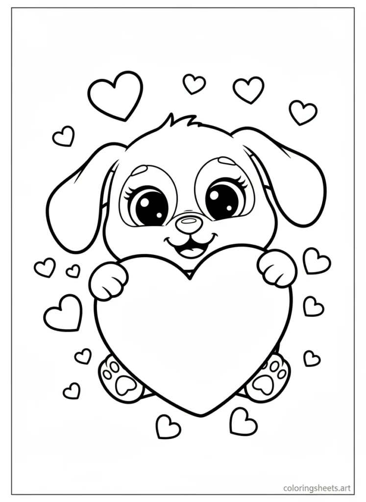 Cinnamoroll holding up a big love heart coloring page for kids