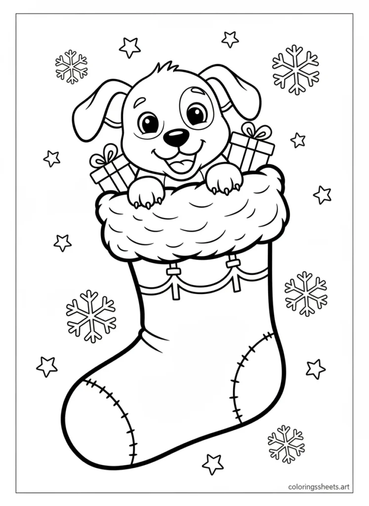 Cinnamoroll peeking out of a Christmas stocking coloring page