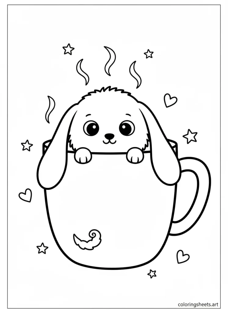 Cinnamoroll peeking out from inside a giant mug coloring page
