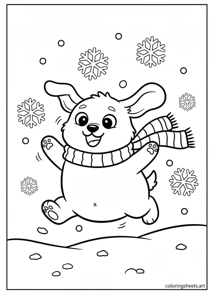 Cinnamoroll playing in the snow with a scarf coloring page