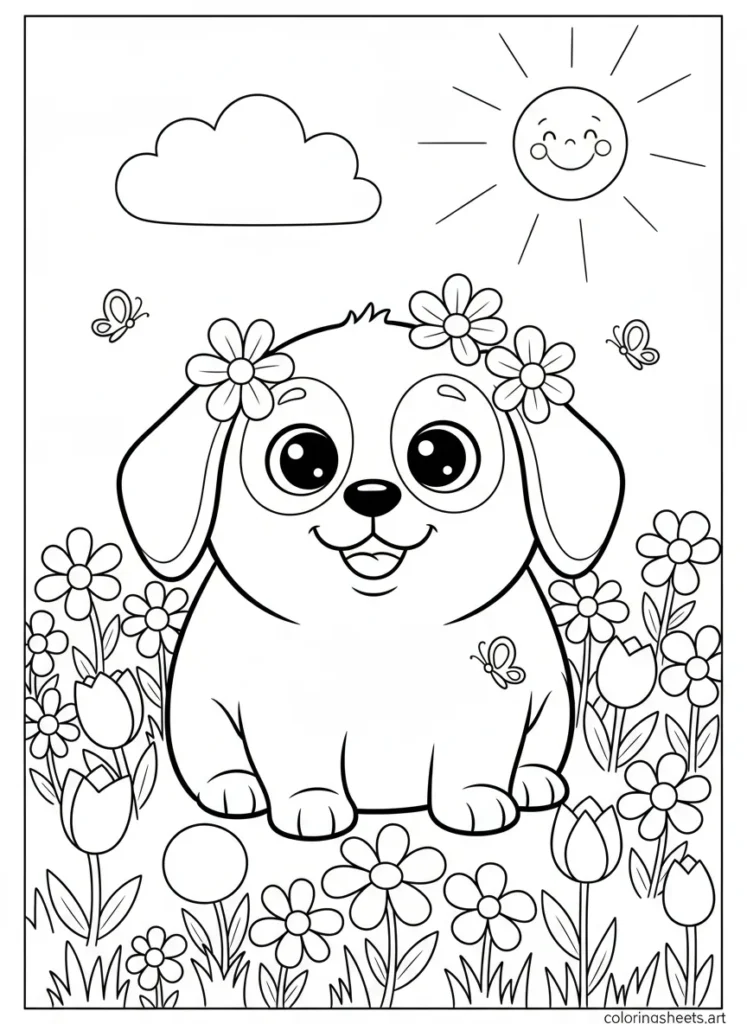 Cinnamoroll playing in a spring flower field coloring page