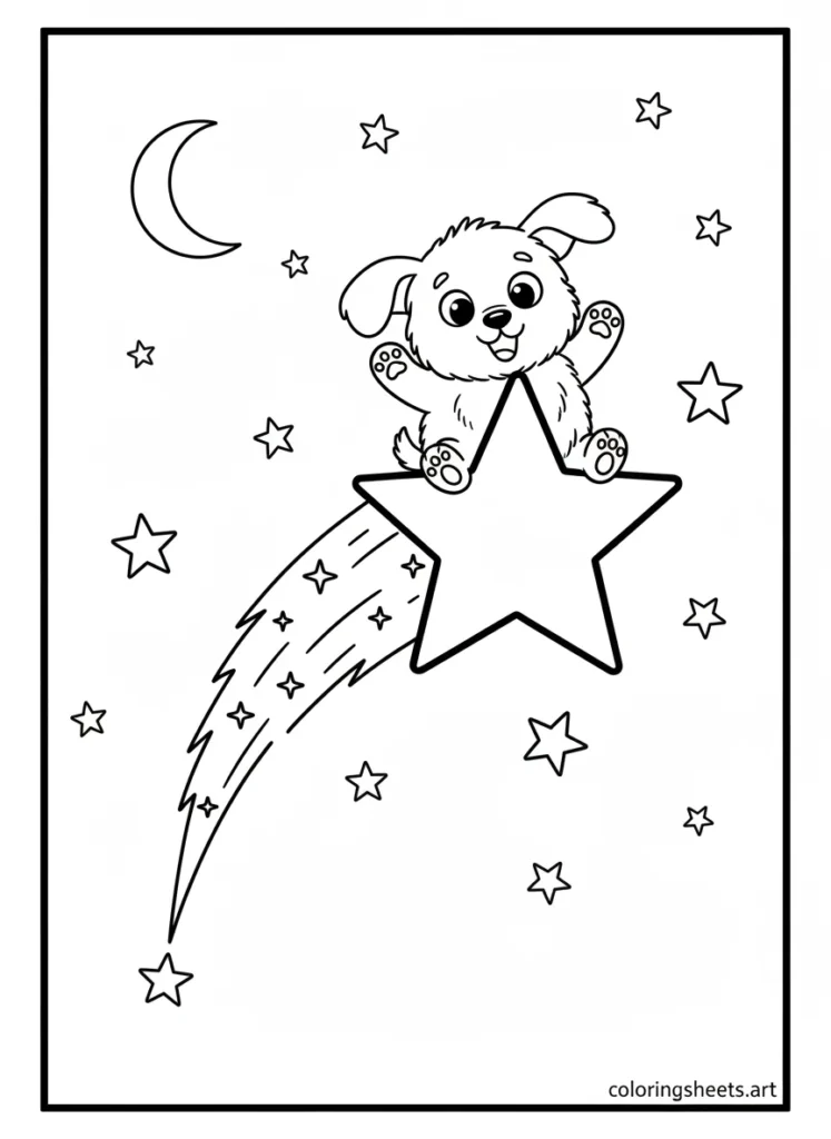 Cinnamoroll riding a shooting star across the night sky coloring page