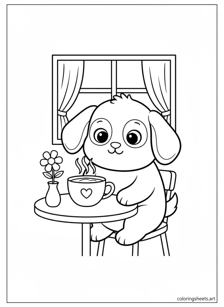 Cinnamoroll sitting in a cozy cafe with hot cocoa coloring page