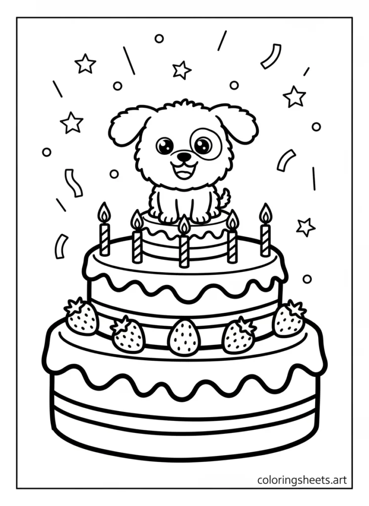 Cinnamoroll sitting on top of a sweet birthday cake coloring page