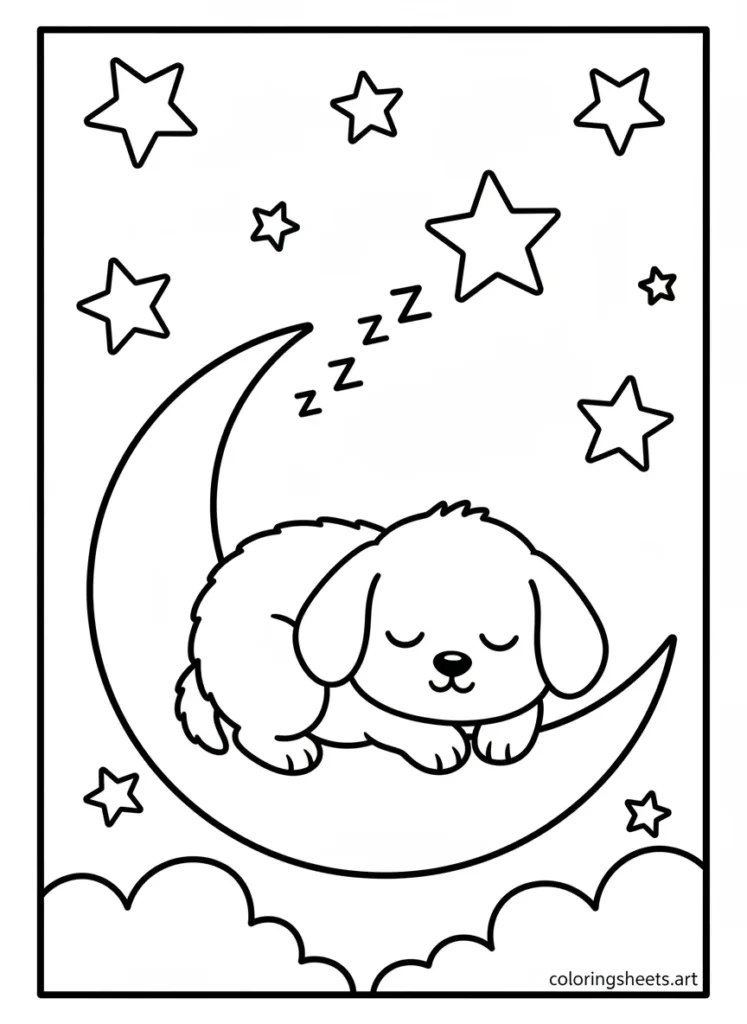 Cinnamoroll sleeping peacefully on a crescent moon coloring page
