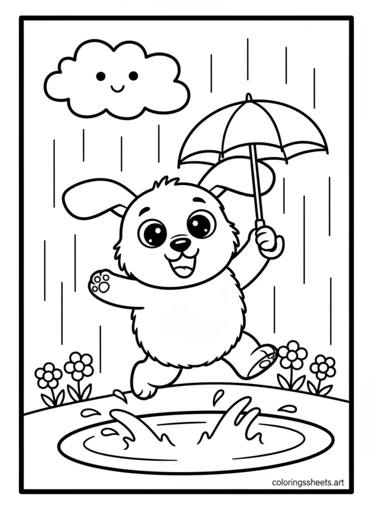 Cinnamoroll splashing in rain puddles with a tiny umbrella coloring page